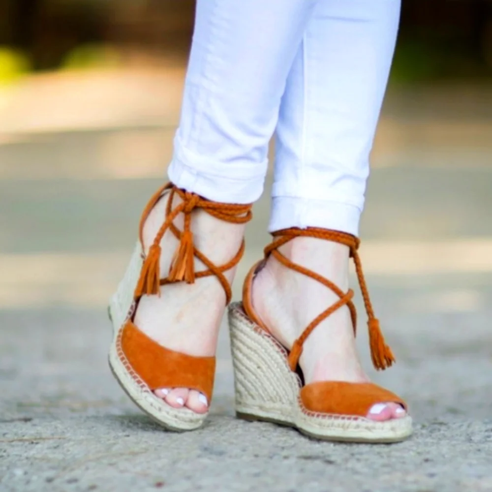 Joie light brown Phyllis suede leather wedge espadrille tie up sandals size 36 w